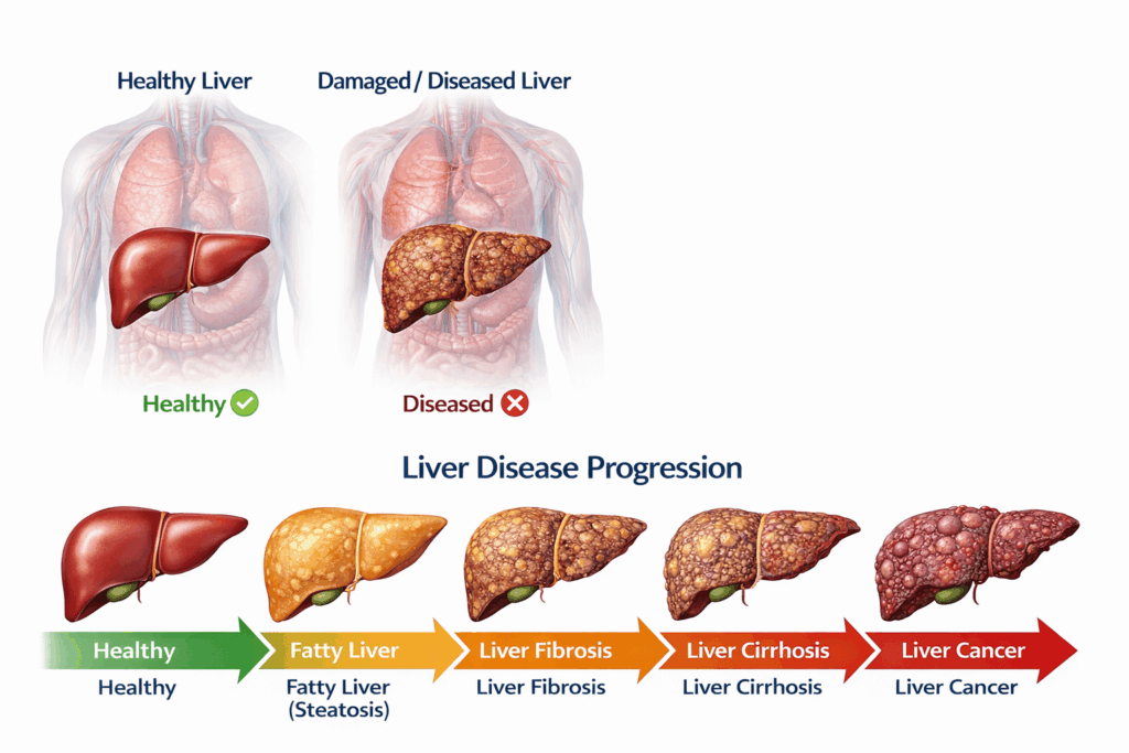 healthy liver vs damaged liver