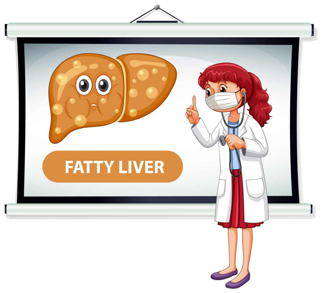 A doctor cartoon character explaining fatty liver illustration